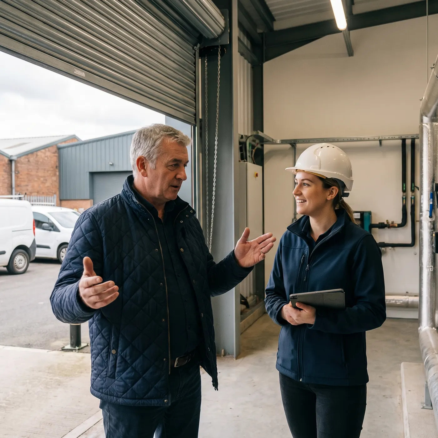 A business owner talking with a younger engineer in a plant room, the business carrying on