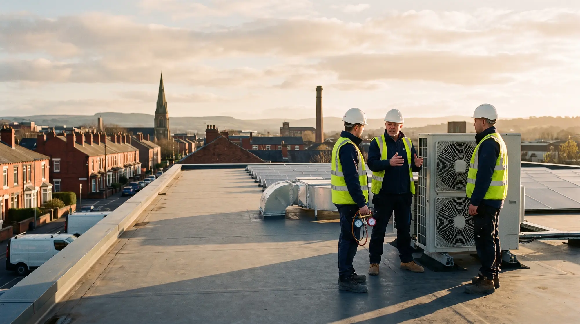 A team of building services engineers on a commercial rooftop above an English town at golden hour