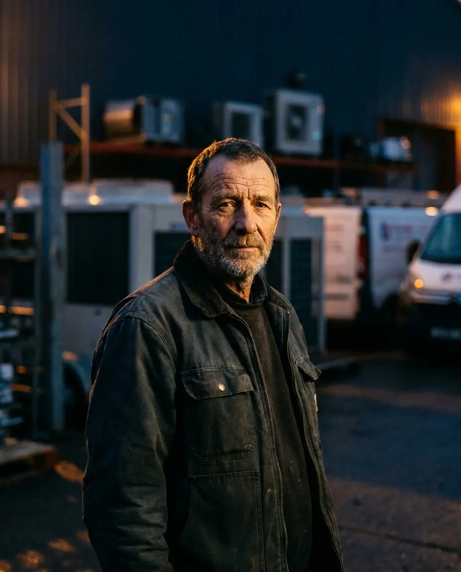 A business owner standing in his yard in front of his fleet at dusk